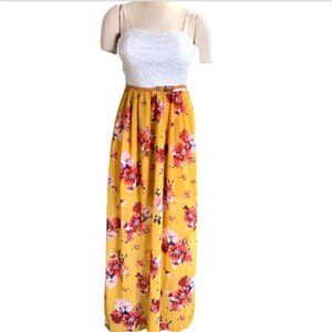 A.U.W. Sleeveless Maxi Dress Lace Ivory Top Mustard Floral Bottom M #85H
